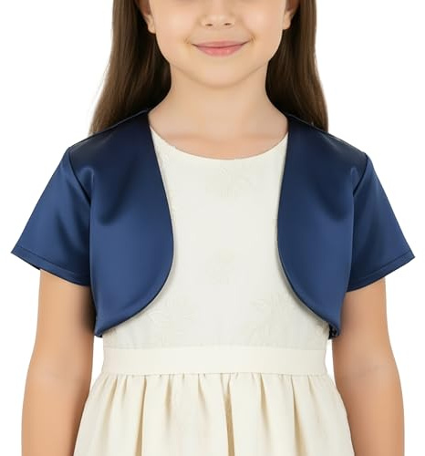 BlackButterfly Kids Satin Short Sleeve Bolero Childrens Girls Shrug (Midnight Blue, 13-14 YRS)