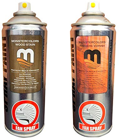 Monster Premiere Wood Stain and Clear Varnish Topcoat 400ml Aerosol Available in 10 Popular Colours, Easy Spray Application, UV Resistant, Hard Wearing, Quality Finish(New Medium Oak & Varnish)