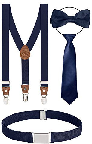 BomGuard 4er Set, Kinder-Hosenträger + Fliege + Krawatte + Gürtel, dunkelblau