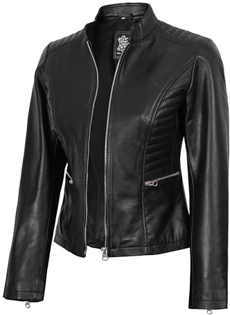 fjackets Disc Real Leather Jacket Women - Real Lambskin Womens Cafe Racer Style Slim Fit Stand Collar Black Jackets | [1310423] N185, M