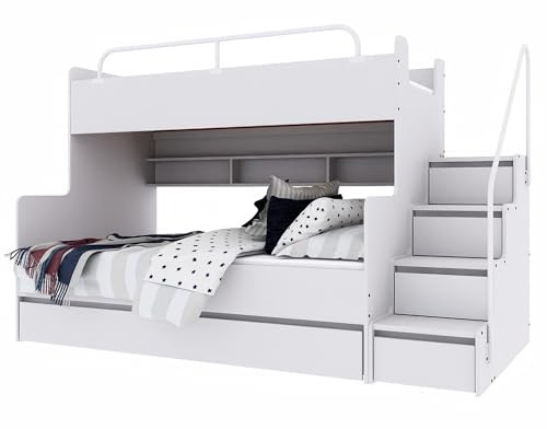 Marlux-Meble Hochbett Kinderbett JSM-3 mit Treppe 80x190 + 120x190 Matt Kinderbetten Funktionsbett Etagenbett Stockbett Kinderhochbett Jugendhochbett (Weiß Matt)
