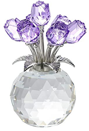 Lila Rose Blume Kristall Figur mit Vase, Blumenstrauß Ornament Geschenke für Frau Freundin Frauen, handgefertigte Kristallblume Sammlerstück Home Tischdekoration ​für Valentinstag Hochzeit Jahrestag