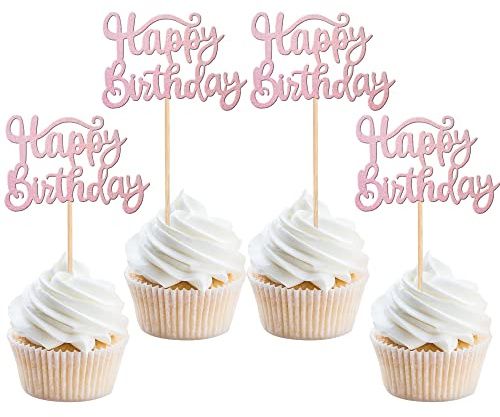 SYKYCTCY 36 Pack Happy Birthday Cupcake Toppers Glitter Celebrating Cupcake Picks Baby Shower Kids Anniversary Party Cake Decorations Supplies Light Pink