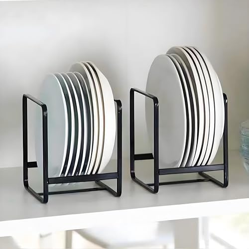 Kiswleon 2 Stück Teller Organizer Schrank,Tellerhalter Metall Tellerständer Einfach Teller Organizer mit Leicht zu Tragenden Griffen,Dish Drying Rack für Teller Schneidebretter Topfdeckel(Schwarz L)