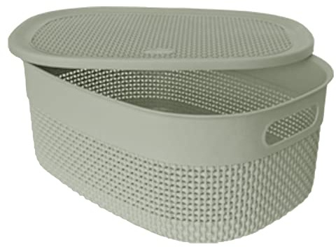 M1SS Plastic Storage Basket With Lid and Handle Oval Shape Shelf, Bathroom Basket Knit Design Toy Boxes Multi Colour Plastic Organiser ETC Baskets For Shelves, Kitchen (Green, Large - 14L)