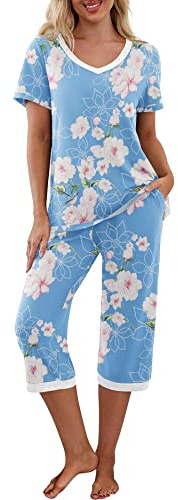 PrinStory Pyjamas för kvinnor med kortärmad topp och långa byxor, Blå blommig, L