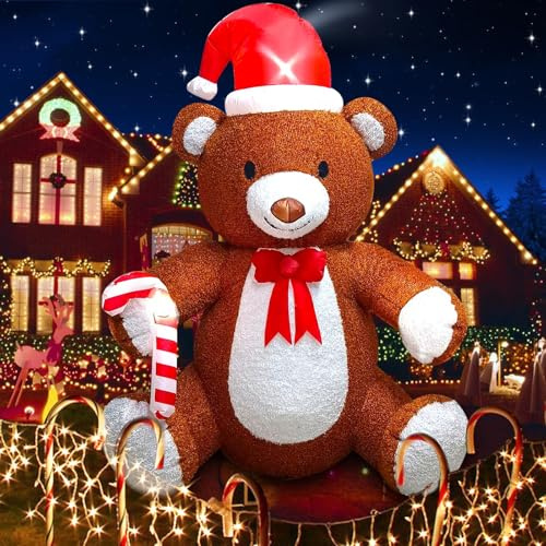 Kalolary 7 Fuß Aufblasbarer Flauschiger Weihnachtsbär | Aufblasbarer Weihnachtsbär mit Weihnachtsmütze Gehstock Aufblasbare Weihnachtsdekoration Draußen Zuhause Urlaub Hof Garten