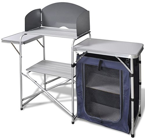 TANZEM Foldable Camping Kitchen Unit with Windshield Aluminium,Folding Camping Cupboards Camping Table with Carrying Bag and Storage Organiser, Picnic Table Easy Store with Roll-up Tabletop Collapsibl