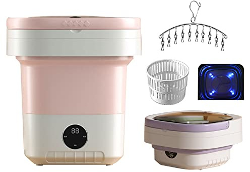 Portable Washing Machine, Mini Foldable Washer and Spin Dryer Small Foldable Bucket Washer, Suitable for Socks, Baby Clothes, Towels, Delicate Items, Blue Light (Color : Pink)