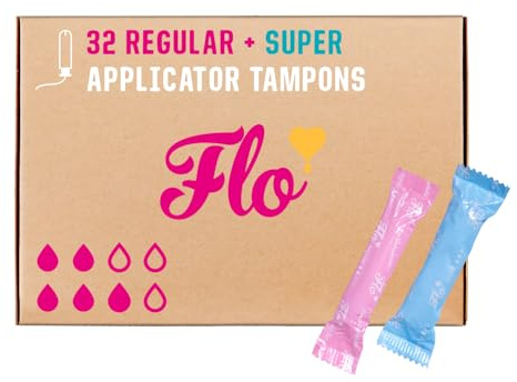 Flo - Organic Cotton Tampons for Women - 32 Pack (14 Regular, 18 Super) - Leak Proof - No Synthetic Fibers, Chlorine Bleach, Added Dyes - Bio-Plastic Applicator - Feminine Care - Vegan & Cruelty Free