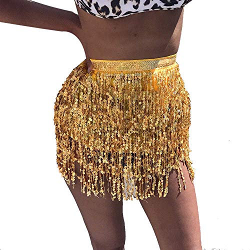 Rock mit Pailletten, Quaste, Bauchtanz, Hüfttuch, Rave-Kostüm, Fransenrock, Karneval-Rave-Outfit für Frauen und Mädchen (Gold, Einheitsgröße)