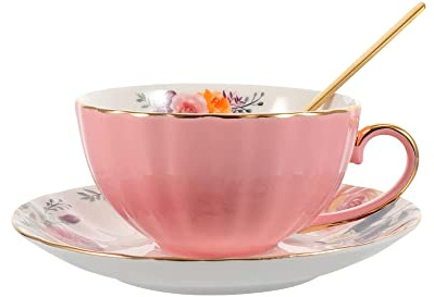 HUAMu Ensemble de tasses avec cuillère, tasse à thé et soucoupe vintage en céramique - Tasse à thé élégante avec cuillère et soucoupe - Tasses à thé royales en porcelaine,Rose (235 ml)