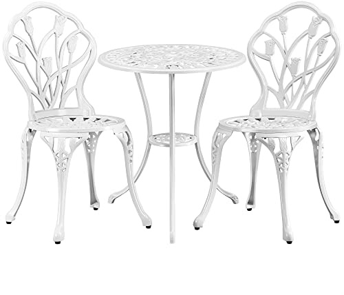 Abician Ensemble Table et 2 Chaises de Jardin en Aluminium Ensemble Bistrot de Jardin d’extérieur Bistrot Salon de Jardin Style Vintage et Élégant Trou pour Parasol Blanc