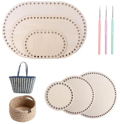 NICKLIN 9 Stück Korbflechten, Gehäkelter Korbboden zum Häkeln 10/15/20/30cm | Holzboden zum Häkeln mit 3 Häkelnadeln, Ovaler/Rund Einfach zu Bedienen für DIY Handtasche Häkeltaschen verwendet werden