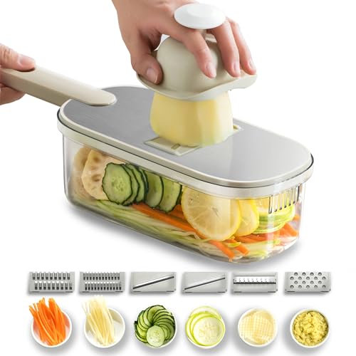 Buy It Once | Mandolina per Verdure Professionale in acciaio inox | Affetta Verdure Manuale | Taglia Regolabile con 6 Lame e Contenitore