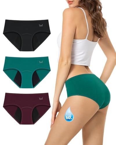 Period Pants Heavy Flow 60ML Absorbency Period Underwear for Women Extra Protection Soft Breathable Leakproof Washable Menstrual Knickers Postpartum Underwear Pack of 3,Black&Wine Red&Dark Green,L