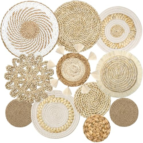 LOMOHOO Set mit 11 Boho-Wandkorbdekor, geflochtene Wandkorbdekorationen, Bohemian-Handarbeit, runder Korb, Schale, Hängedekoration, Bulrush Wandkunst-Dekorationen für Wohnzimmer, rustikales Zuhause