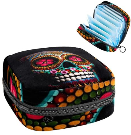 Aufbewahrungstasche für Damenbinden, Menstruationstasse, Tamponbeutel, Periodeneinlagen-Halter, Organizer für Frauen und Mädchen, Totenkopf-Kunst, Schwarz