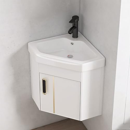 Lavabo angolare con mobile da toeletta Lavabo angolare per bagno Lavabo da bagno montato a parete Lavabo in ceramica Lavabo da bagno con spazio di stoccaggio Mobile da toeletta per bagno(17in/43cm)