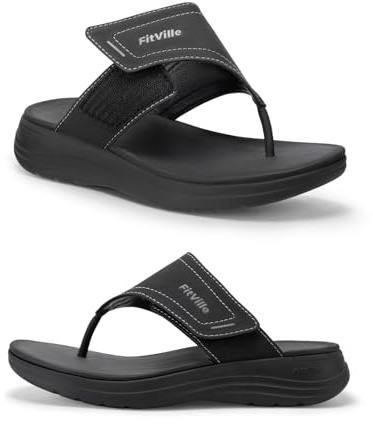 FitVille Womens Wide Fit Flip Flops Arch Support Non Slip Wedge Sandals Lighweight Ladies Summer Slippers for Flat Feet Plantar Fasciitis