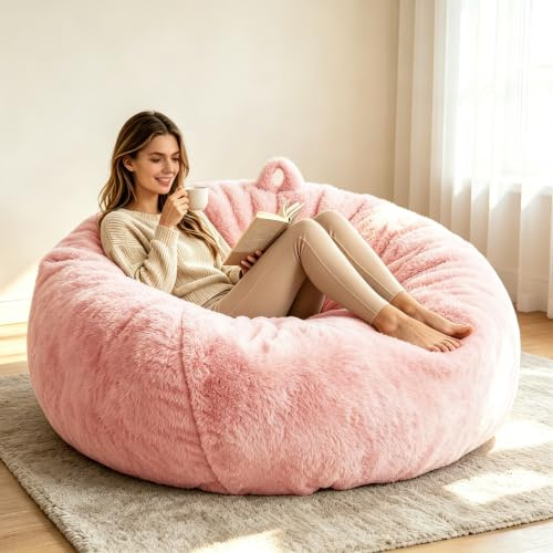 Faux Fur Comfy Bean Bag Chair Cover (No Filler), Fluffy Stuffed Animal Storage Bean Bag Covers Large Sofa for Adults, Premium Furry Fuzzy Chair for Living Room Bedroom, Pink
