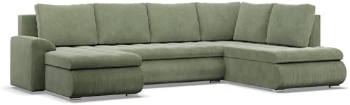 Mebligo - Ecksofa mit Schlaffunktion und 3 Bettkasten FORESTA 300x89x200 (BxHxT) Cord - Grün - Ottomane Rechts Eckcouch, Couch U Form, Sofa Wohnzimmer, Sofas & Couches, Eckschlafsofa
