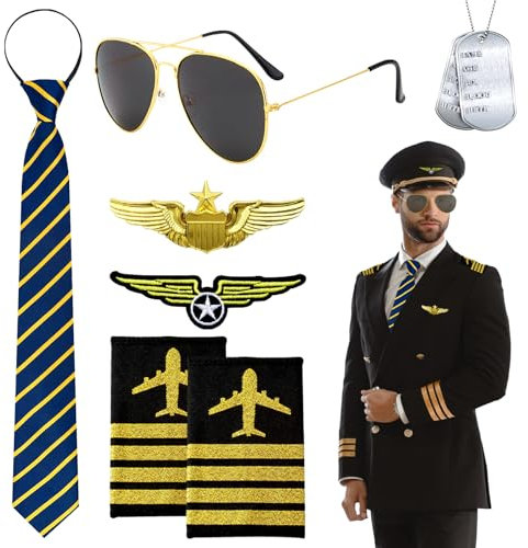 7Stück Pilot Kostüm Zubehör, Flieger Kapitän Verkleidung Accessoires mit Pilotenbrille Krawatte Schulterklappen Abzeichen Brosche Halskette für Männer Frauen Fasching Party Karneval Erwachsene Cosplay