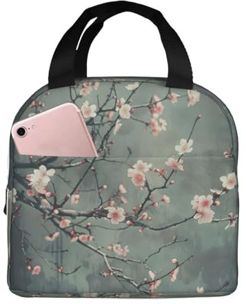 LNNIUK Bolsa de almuerzo con estampado de flores de cerezo japonés, para mujeres, hombres y adultos, con bolsillo frontal, lonchera