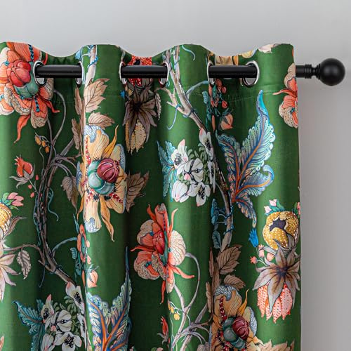 MYSKY HOME Green Floral Blackout Curtains 84 Inch Length 2 Panels Set Black Out Thermal Insulated Energy Efficient Grommet Cottagecore Flower Patterned Vintage Botanical Drapes for Living Room, 52 W