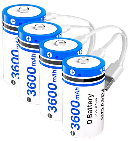 BOANV Pile D Batterie Rechargeable Lithium 3600mAh D Batterie Rechargeable avec Câble de Charge USB-C LR20 Pile de Remplacement pour Lampe de Poche - Lot de 4 (4PCS)