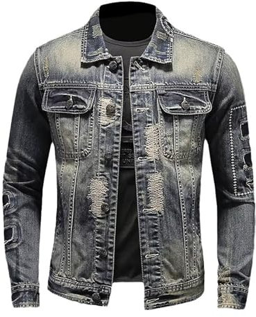 Giacca Jeans Uomo, Giubbotto Uomo Estivo, Estivo Casual Denim Giacca Moto Slim Fit Jacket Uomo Primavera/Estate/Autunno Maniche Lunghe Giubbino Sportiva Casual Denim Giacca in Jeans Vintage