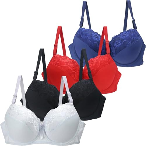 Lot De 4 Soutien Gorge Femme Sexy avec Armature Grande Taille Dentelle Lingerie Française À Maintien Supérieure Push Up Anti-Affaissement Soutiens-Gorge Bretelles Réglables Sport Yoga