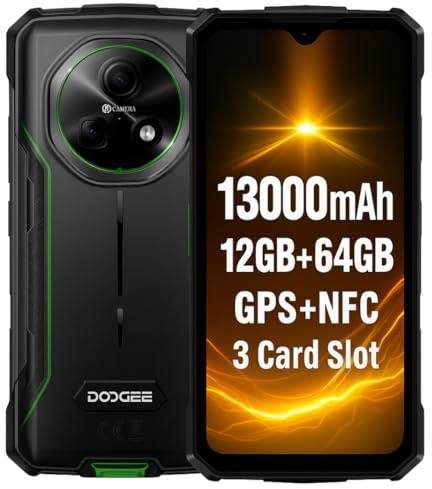 DOOGEE Fire 5 Telephone Incassable, 13000mAh, 12 Go+64 Go, 6.6 HD+ 90Hz, 13MP AI Camera, IP68/IP69K, Android 15, Octa-Core, Double SIM, NFC, Rugged Smartphone Etanche, pour Chantier