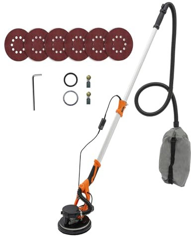 Smerigliatrice da parete 750 W, con lampada da lavoro a LED, testa abrasiva inclinabile 0-90°, levigatrice da soffitto telescopica, 120-220 cm, velocità massima di rotazione 1800 giri/min, 6 dischi