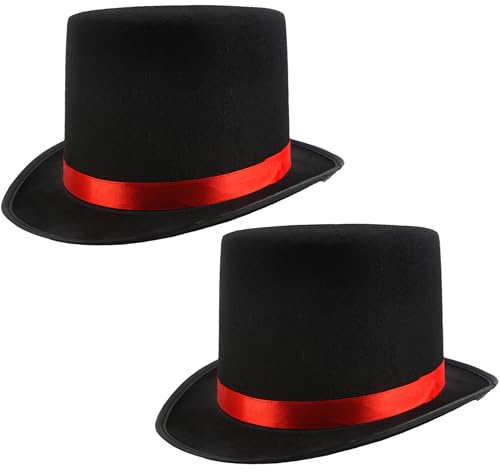 SGBETTER 2 Pcs Felt Top Hat Black Magician Hat High Top Party Hat with Red Band for Adult Kids Halloween Cosplay Party Dress Up (Black 1 - Child Size)