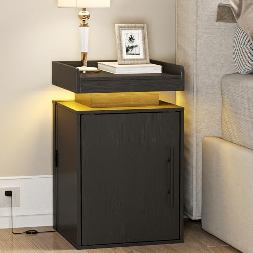 Baoz Black LED Nightstand with Door, Modern Bedside Table for Bedroom | 24 Tall Wooden Night Stand with Side Open Shelf & Adjustable Shelf, Smart Lights with RGB Colors