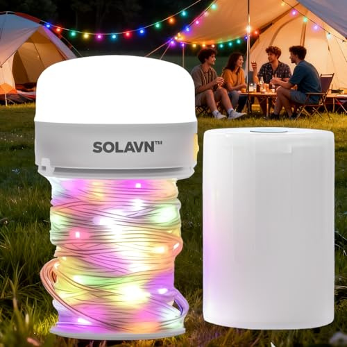 RGB Camping Fairy Lights, 10m Rechargeable Colour Changing String Lights with Roll-Up Storage, USB-C Camping Lantern for Tent, Awning, Garden, Patio and Party