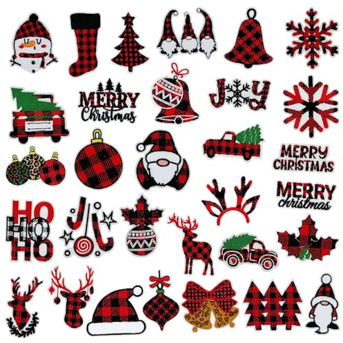 Attuslla 31 Stück Weihnachten Aufnäher zum Aufbügeln Rot Schwarz Weihnachtsmann Schneeflocke Patches zum Aufbügeln für Jeans Hosen T-Shirt Jacken Mützen DIY Zubehör