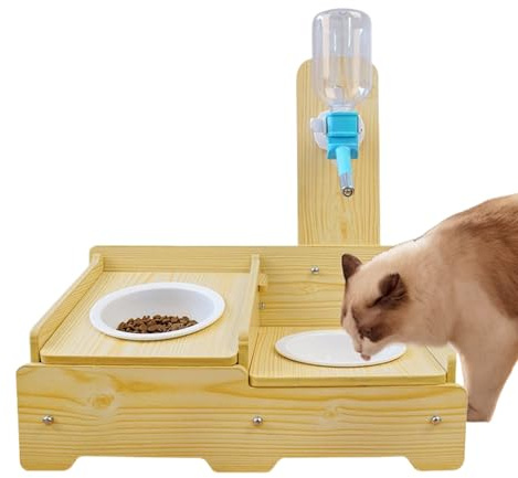 Water Dispenser for Dogs | Wooden Waterer with 2 Bowls,Adjustable Cat Water Dispenser Food Feeder | for Kitten Cat Animal Indoor Home Living Room Apartment Outdoor Garden Yard Feeding