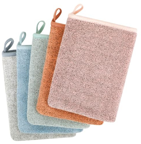 COZYMIRE Manoplas Baño en Microfibra 15 x 20 cm Guantes para Lavarse Morbidi e Assorbenti Manopole Riutilizzabili con Cordón Apto para Pieles Secas, Grasas y Sensibles 6 Piezas-018