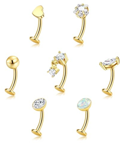 7 st navelstänger för kvinnor, hypoallergeniskt kirurgiskt stål, navelpiercing 14G, platt baksida, hängande navelstänger, set med CZ opal, guld, silver, invändigt gängad, flytande navelpiercingsmycken
