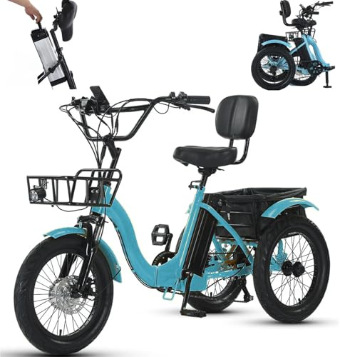 WuXQuuzlh Elektro Dreirad für Erwachsene, Klappbar Erwachsenendreirad mit 18 Zoll Breiten Reifen, Vorderem & Hinterem Gepäckkorb, 7-Gang-Getriebe, Max 30kg Tragfähigkeit für Senioren Alltag Blue
