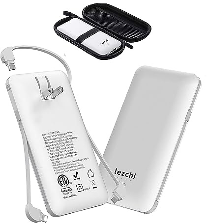 lezchi Portable Power Bank, Ultra Slim 10000mAh Portable Charger, USB C External Battery Pack with Built-in AC Plug, Charging Cable, Output Port, Compatible with All Kinds of Cellphones …