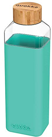 Quokka8412497400249Cristal Cuadrado Botella con Silicona Funda, 700 ml Capacidad, Verde Azulado