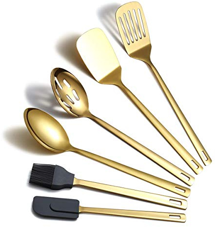 Gold Cooking Spoons, Berglander 6 Pieces Spatula Set Stainless Steel, Metal Spatula, Serving Spoon, Kitchen Tools Set Non-Stick and Heat Resistant, Dishwasher Safe, Easy to Clean (6 Packs)