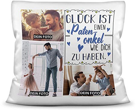 Print Royal Kissen inkl. Kissenfüllung mit Fotocollage zum selbst Gestalten mit DREI Fotos und Spruch - Glück ist, einen Patenonkel wie Dich zu haben - Kissen Weiß, 40 x 40 cm