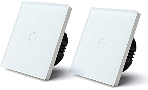 BSEED Touch Lichtschalter aus Glas, Modern Schalter Unterputz, Wandschalter mit LED Hinterlicht (Kein Neutralleiter erforderlich), KEIN WLAN, 86mm 1 Fach 1 Weg Weiß, 2 Pack