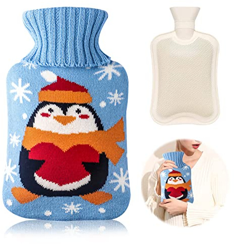 Wärmflasche mit Bezug Kinder, Abnehmbar und Waschbar Wärmflasches | Wärmflasche,2 Niedrige Wasserflasche, Kuschelig Weich, Die Besten Weihnachts- Und Wintergeschenke (Pinguin)