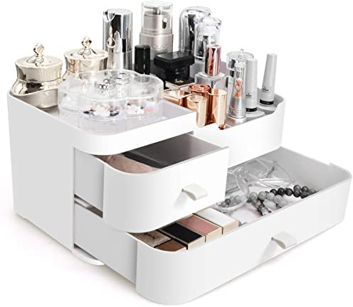 Porta Trucchi Organizer Trucco, Contenitori Bagno per Makeup Skincare con Cassetti - Portatrucchi Grande Organizzatori Cosmetici in Plastica per Creme Pennelli Accessori da Donna, Bianco