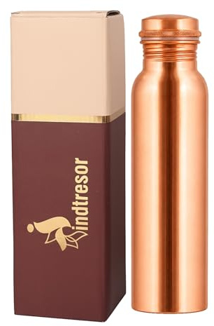 INDTRESOR Gourde en cuivre pur - Fabriquée à la main - Bienfaits pour la santé ayurvédiques - Grande 34 oz - Anti-fuite - Facile à transporter pour le sport, le fitness, le yoga, l'école - Finition en